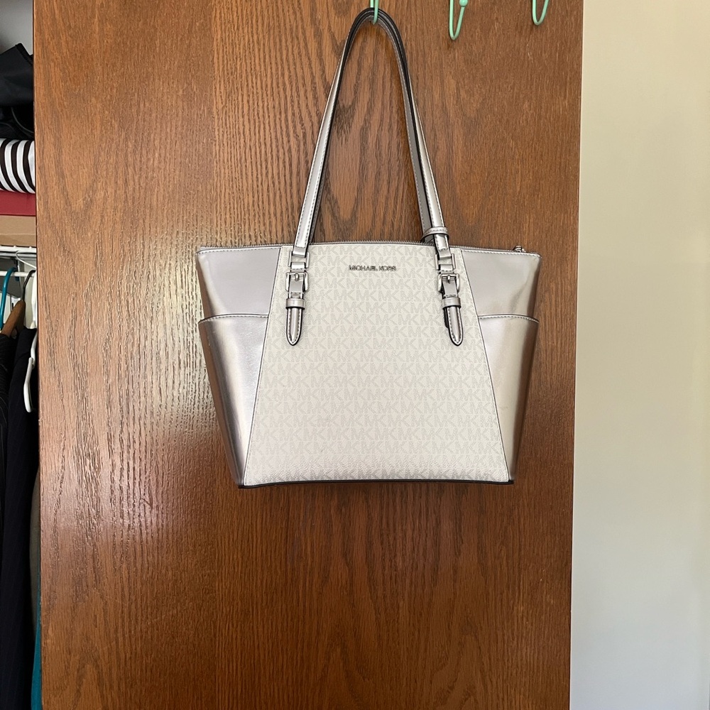 Michael Kors Metallic Silver and Cream Tote